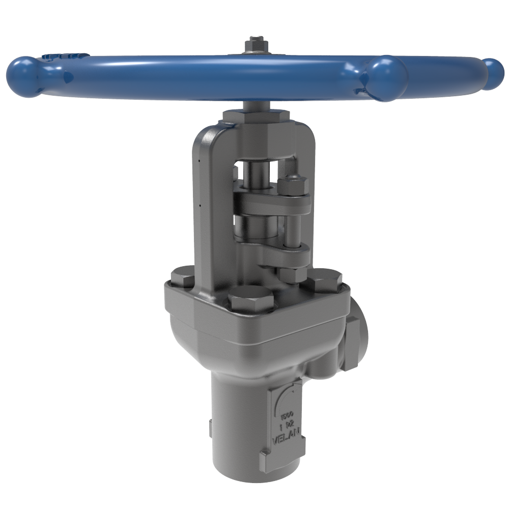 The image shows a metal valve with a large blue circular handle on top. The valve has a sturdy, mechanical design with several metal joints and components, predominantly in a gray finish. It's positioned against a plain white background.