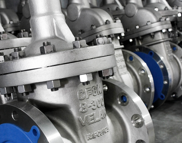 Close-up view of industrial metal valves lined up, featuring embossed specifications including "CF8M", "8-300", and "VELAN". The valves are bolted and have blue components at the base. The image depicts a section of a manufacturing or engineering facility.