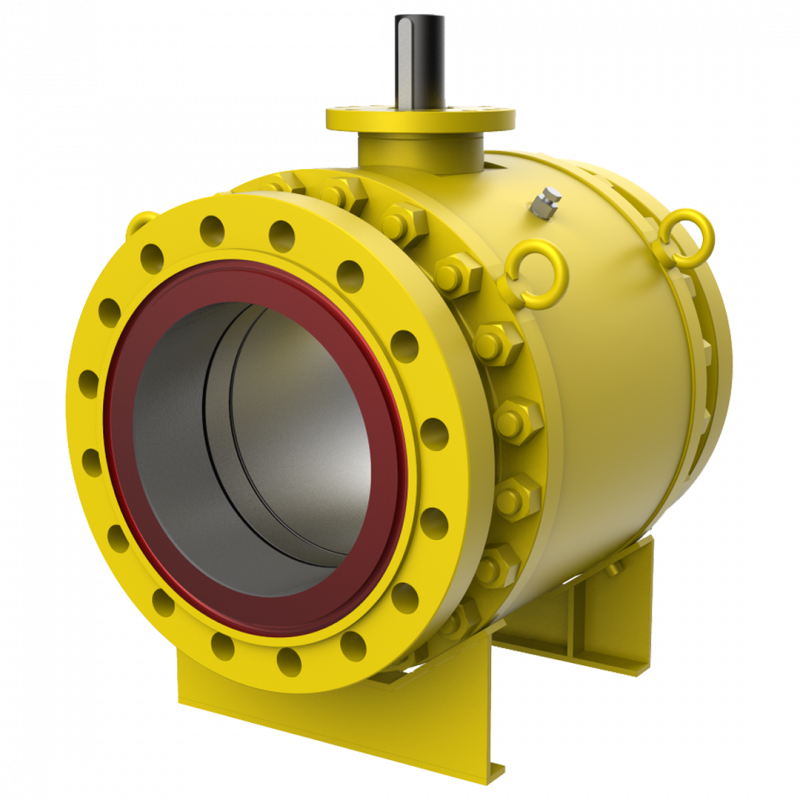 A large, industrial yellow valve with a cylindrical shape and flanges on both sides. The valve has a metallic interior with a red lining, and it is mounted on a base with lifting hooks on top.